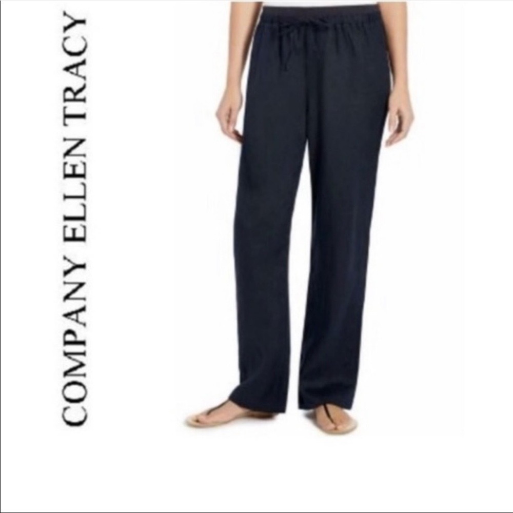 Ellen Tracy 100% Black Linen pants stretchy Waist